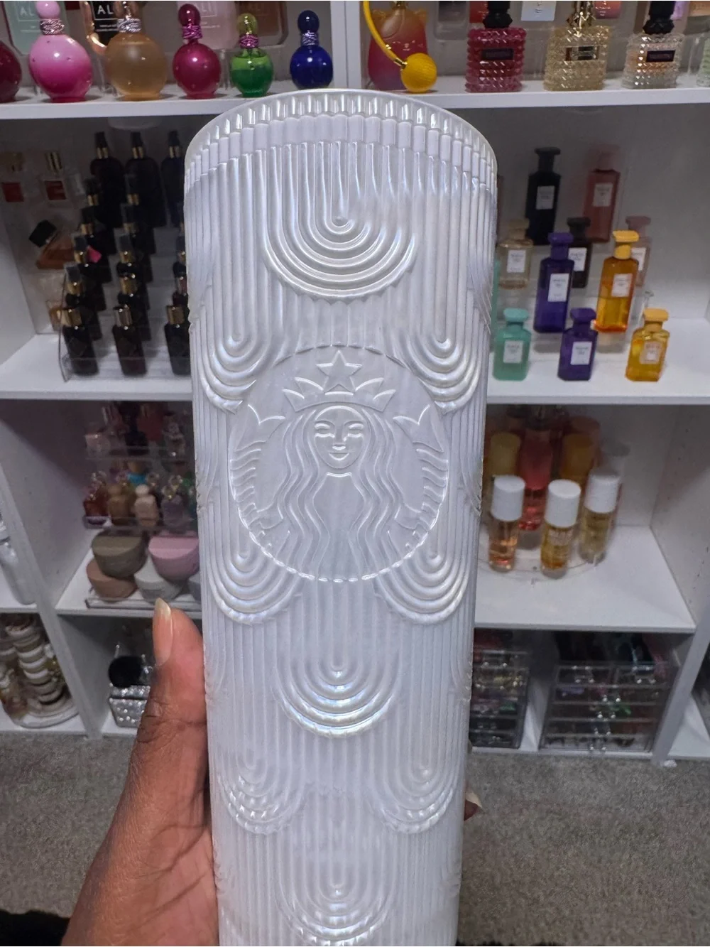 Starbucks Iridescent White Embossed Tumbler with Wave Pattern